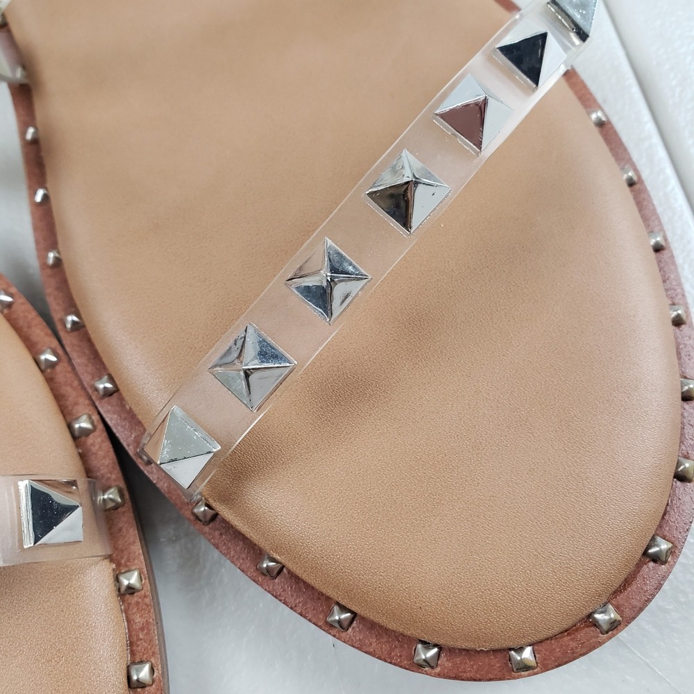 Steve Madden Travel Clear Tan Silver Pyramid Studded Gladiator Sandals 8.5M - Picture 8 of 11